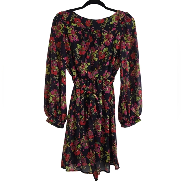 Hello Miss Red and Pink Tiered Dress with Bishop Sleeves Size Small Floral - Picture 2 of 5